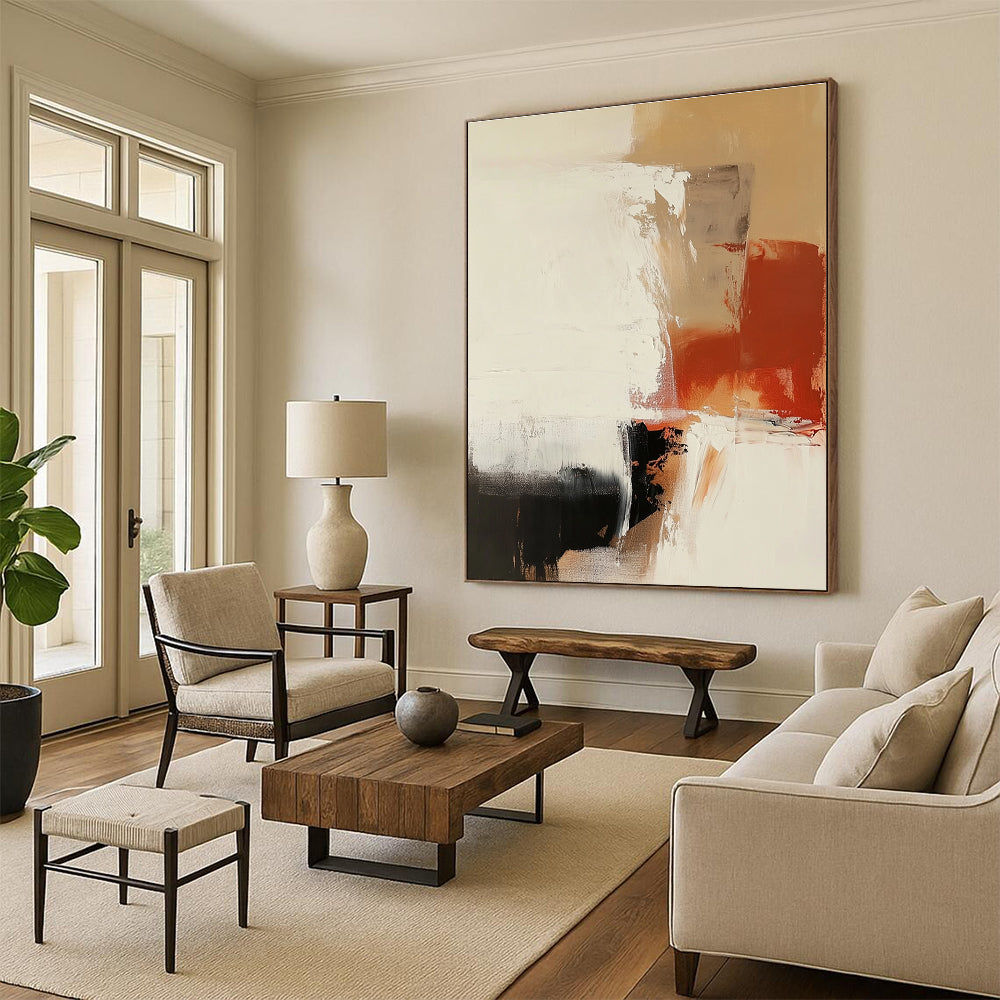 Large abstract painting features earthy tones and white space with thick brush strokes and a soft minimalistic aesthetic perfect for modern decor.STSC750