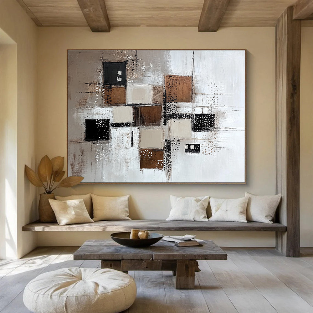 Large abstract painting featuring a white background with various brown and grey squares and neutral-toned lines and dots.SC213