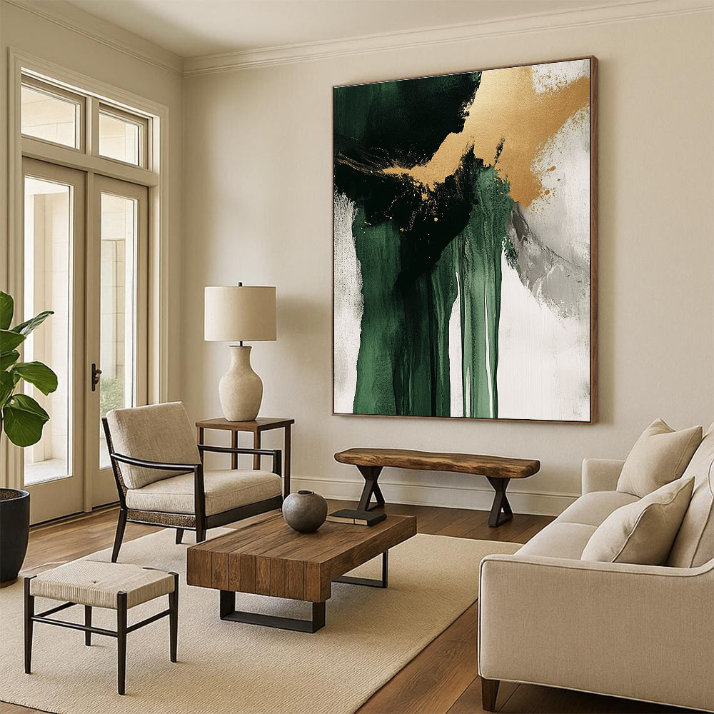 Green Gold Gray and White Abstract Painting with Dramatic Drips GER634