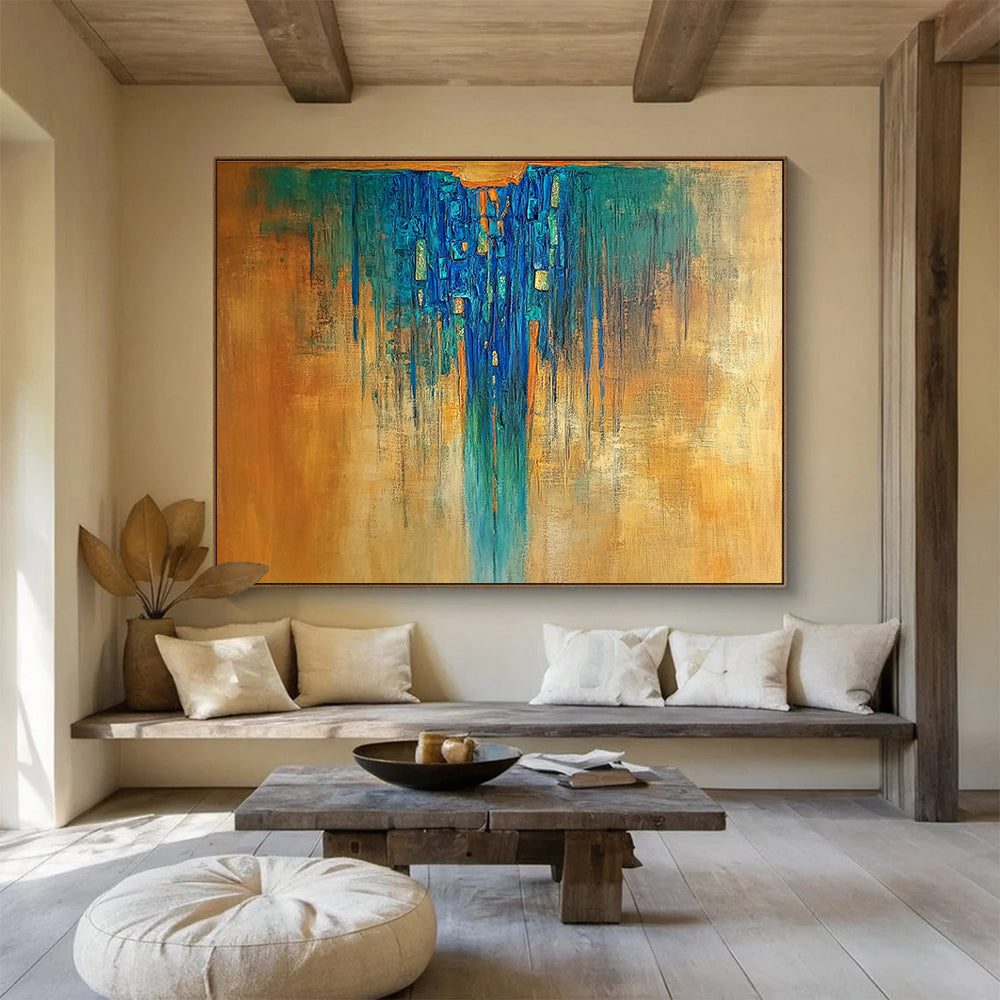 Blue Drip Abstract Painting with Gold Accents DYP498