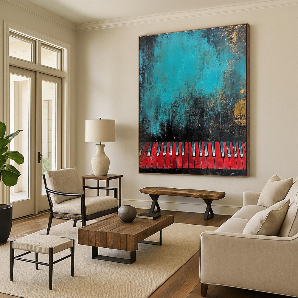 Large abstract painting in teal and black featuring textured red piano keys at the bottom for a striking visual impact.STSC230