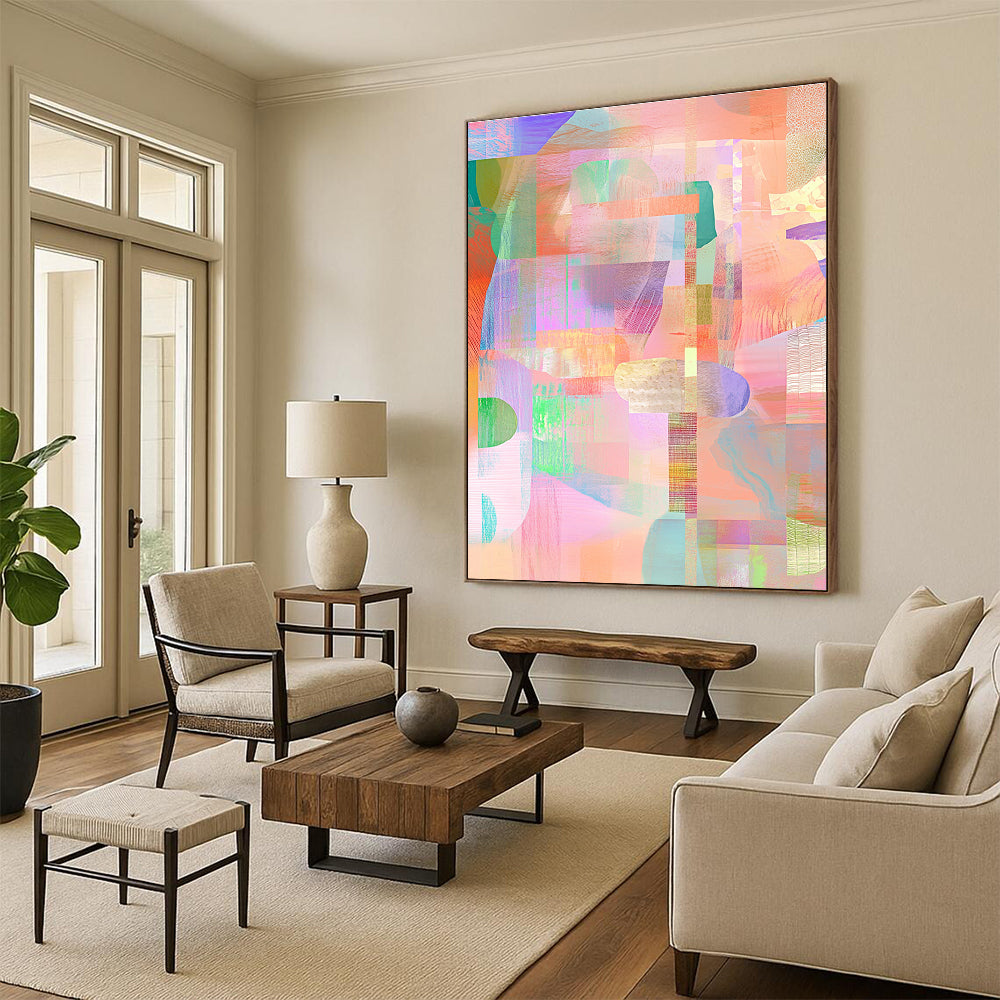 Large abstract illustration featuring a collage of shapes and patterns in pastel pink green orange blue and purple tones.STSC561