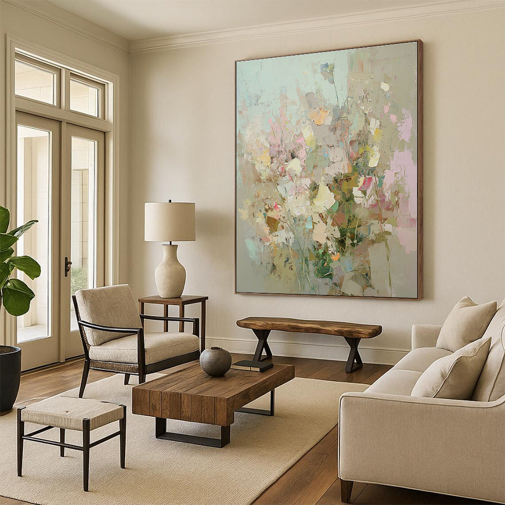 Large abstract painting of an overgrown garden with soft pastel colors and thick brushstrokes inspired by Peter Wileman and Cecily Brown.STSC588