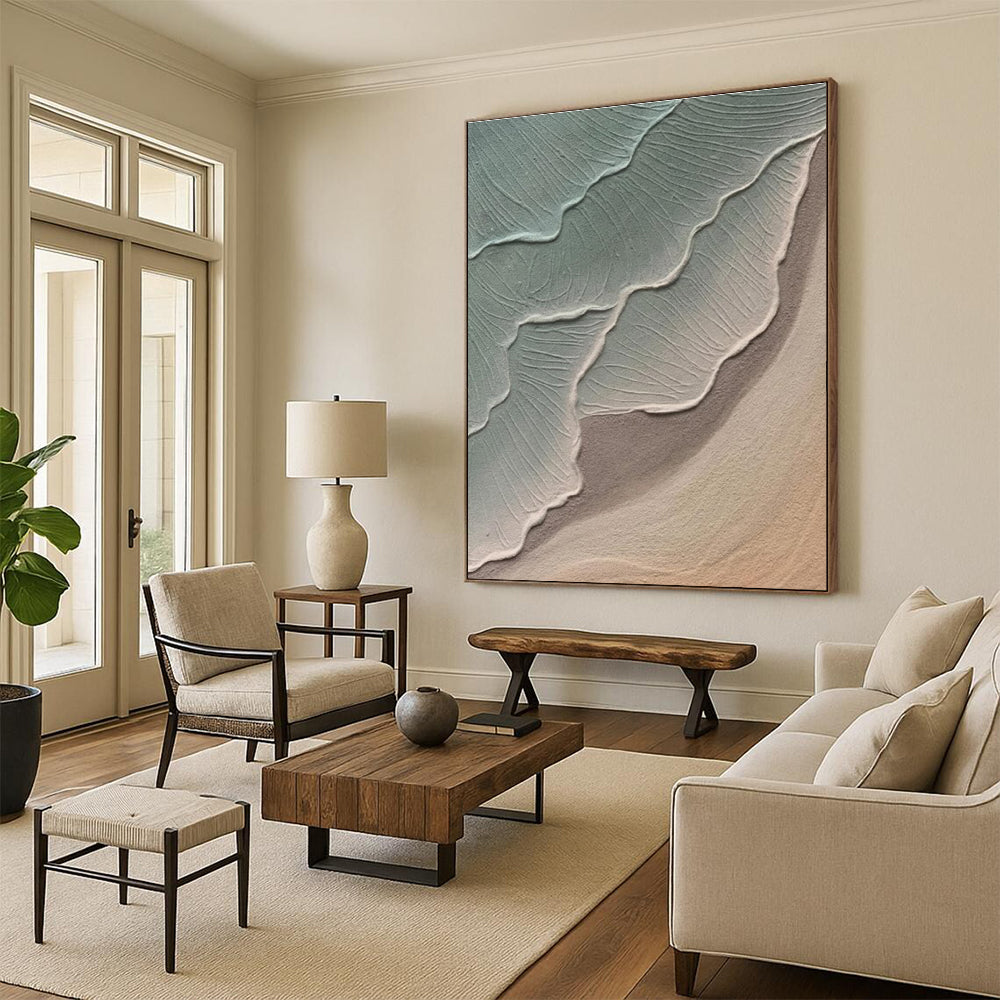 Green and Beige Textured Abstract Painting with Wave - like Forms ADGE519
