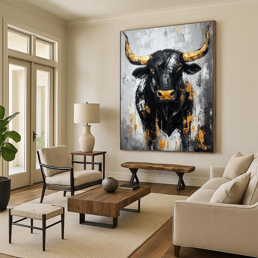 Large abstract painting of a black bull with gold accents against a gray background featuring bold brush strokes and textured impasto technique.STSC027