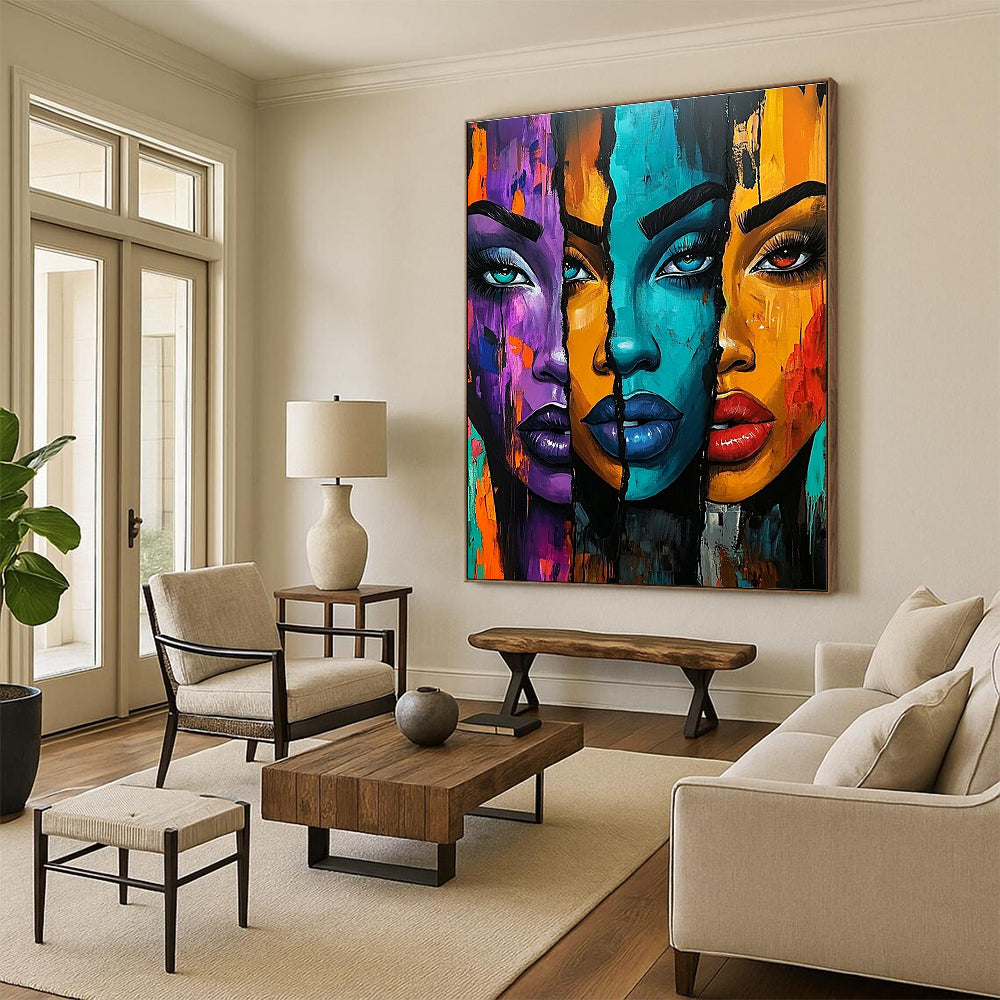 A large abstract painting featuring three vibrant African American women with bold colors and expressive features set against an energetic urban-inspired background.STSC1220