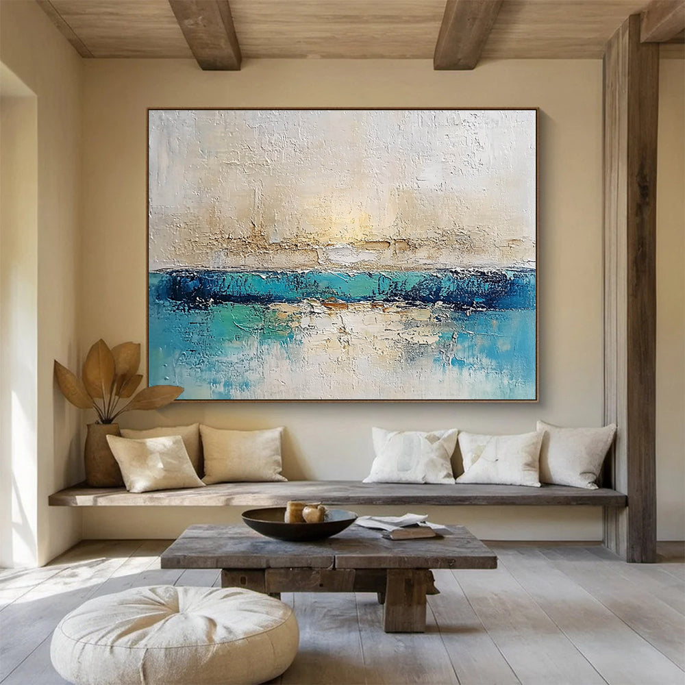 Textured Sea and Sky Abstract Painting with Blue and Beige DYP491