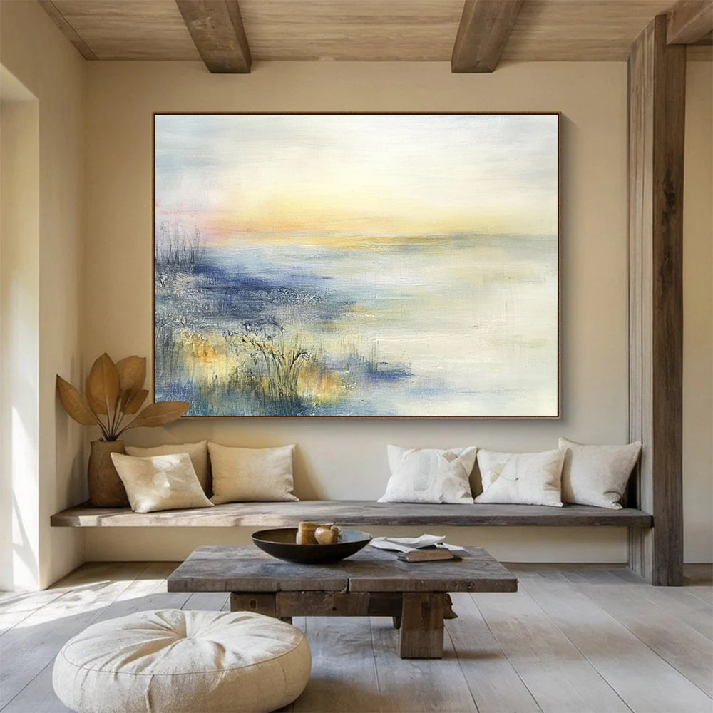 Large abstract oil painting featuring a misty coastal landscape in muted pastel colors inspired by Zao Wou-Ki.SC116