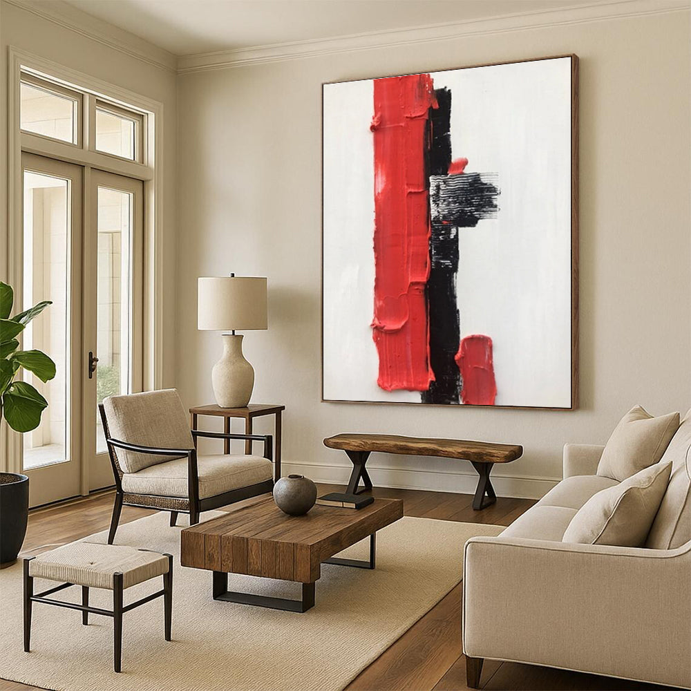 Red and Black Textured Abstract Painting with Geometric Shapes ADGE390