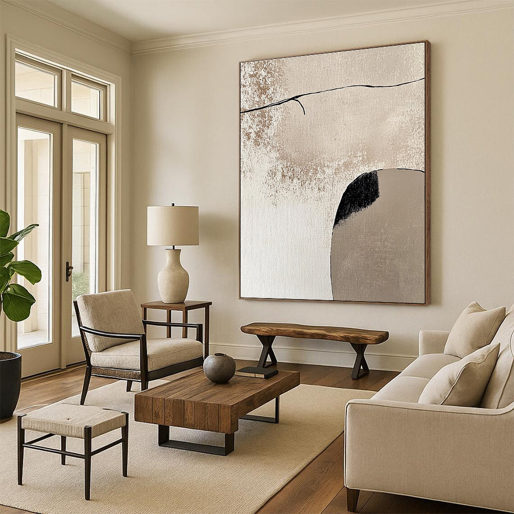 Beige and Black Minimalist Abstract Painting with Simple Forms GER044