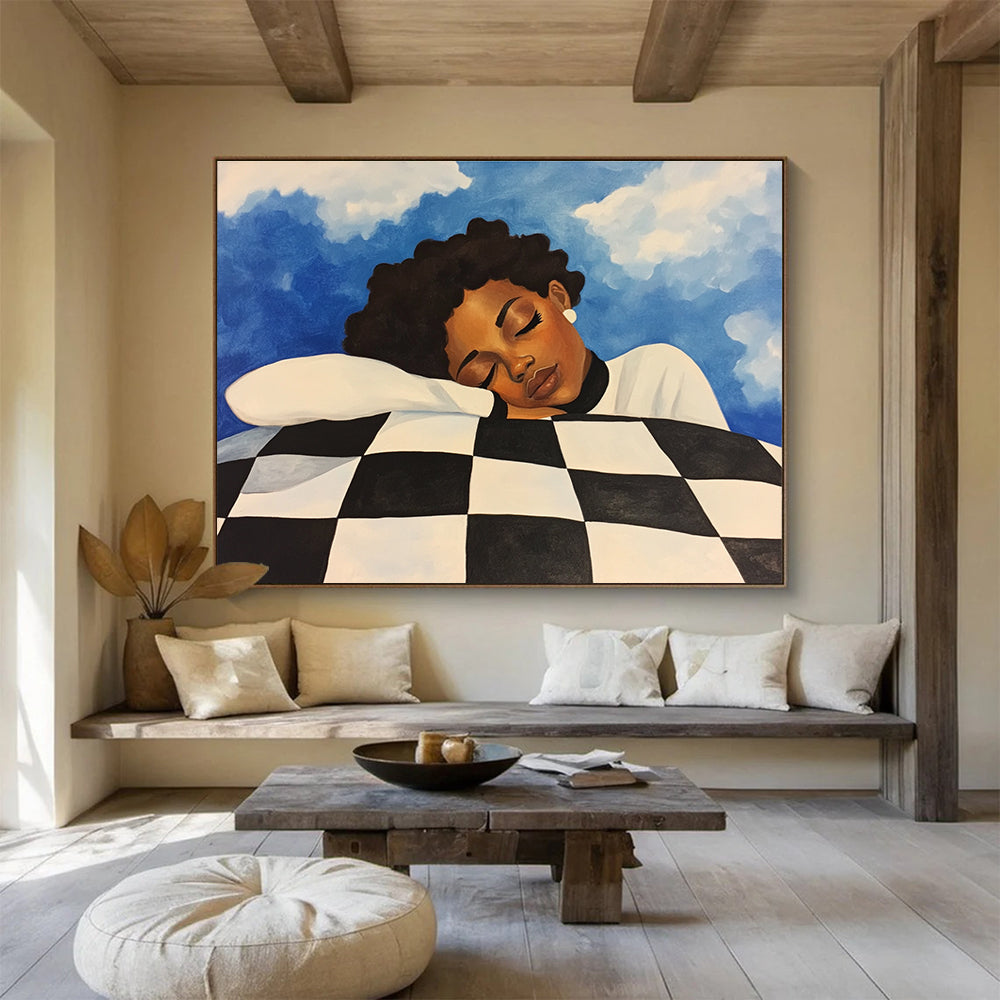 Dreamy Sleep Portrait Abstract Painting with Blue and Black White Tones DYP561