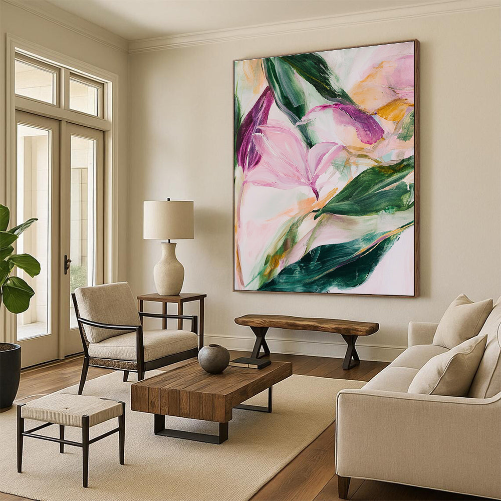 Large abstract painting featuring soft pink and green leaves and flowers with thick brush strokes and a loose style.STSC315
