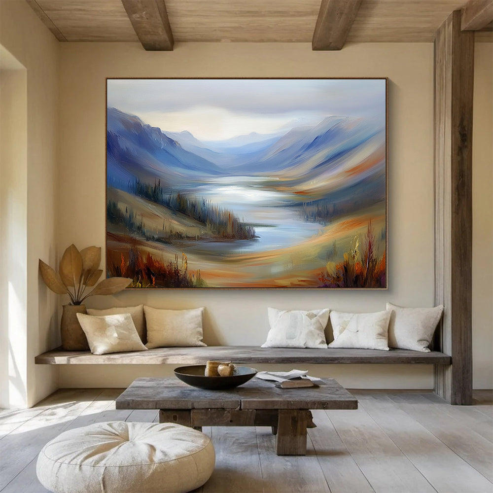 Mountain Lake Abstract Painting with Blue and Brown Tones DYP560