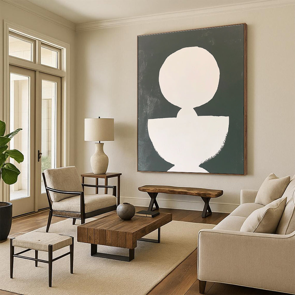 Large abstract painting featuring a white circle and an irregular shape connected by lines on a minimalist background with simple brushstrokes.STSC1250