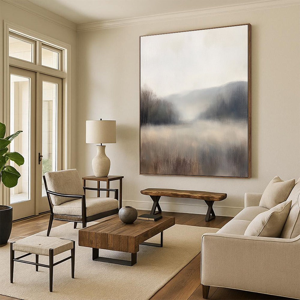 Large abstract painting of a misty landscape with muted neutral colors and soft focus that enhances a minimalist aesthetic.STSC869