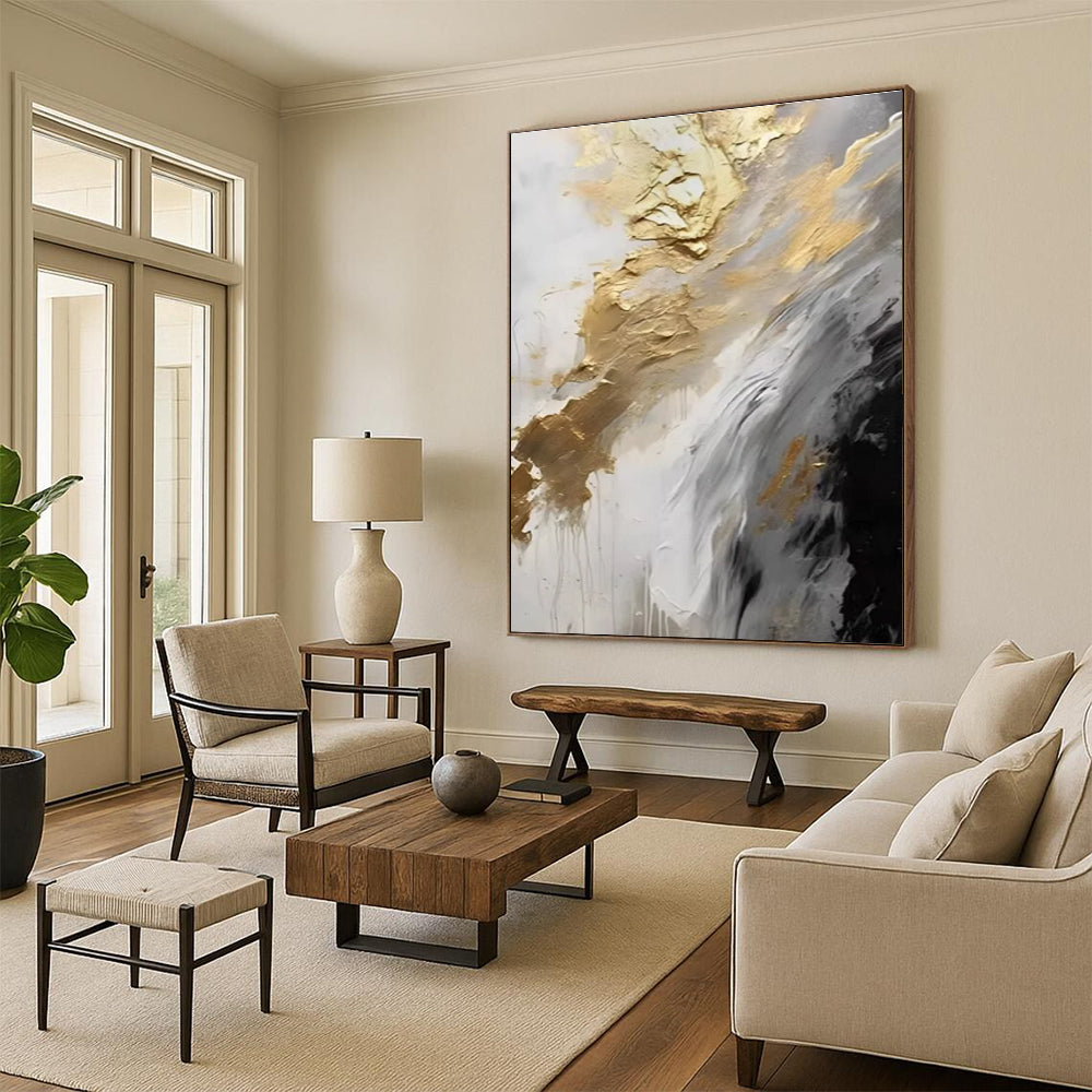 Gold Gray and White Abstract Painting with Flowing Textures ADGE302