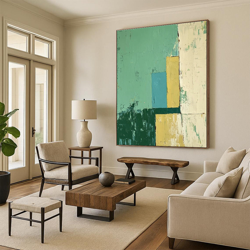 Large abstract oil painting featuring an architectural scene in green and yellow with blue accents, showcasing a minimalistic style.STSC144