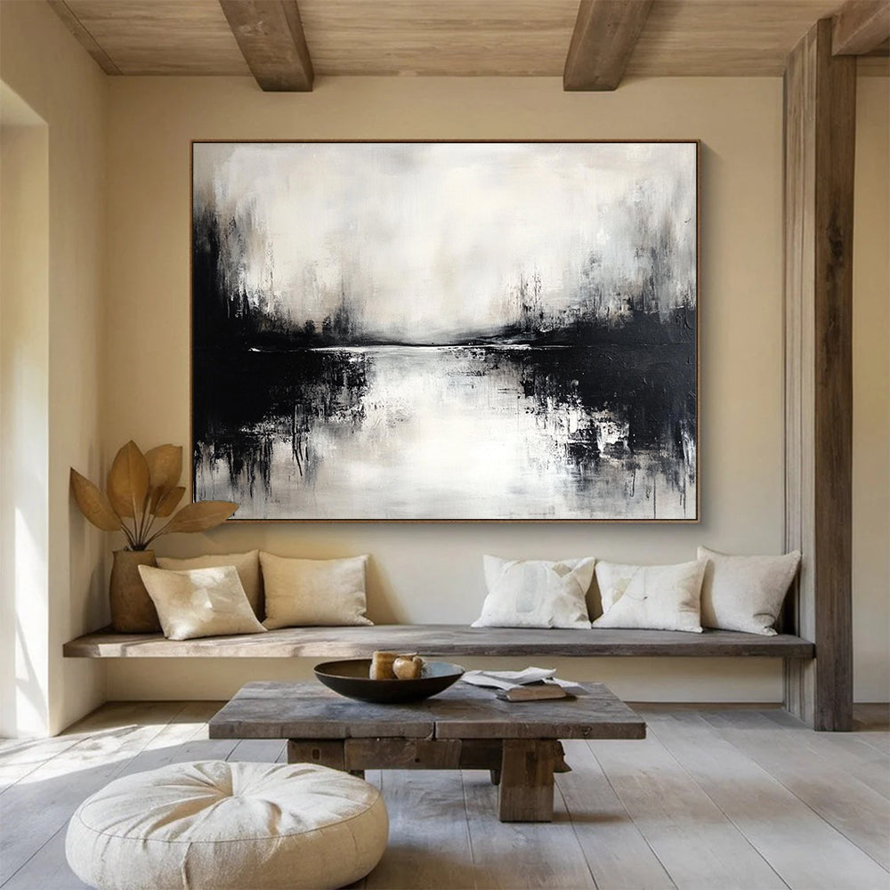 Black and White Lake Abstract Painting with Reflection Effects DYP173