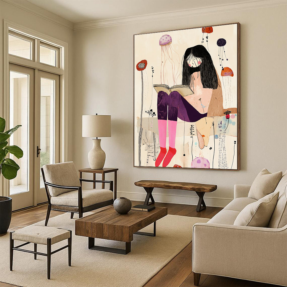 A large abstract collage featuring an eccentric woman with long legs in pastel pink socks and dark purple pants amid whimsical jellyfish and wildflowers.STSC1237