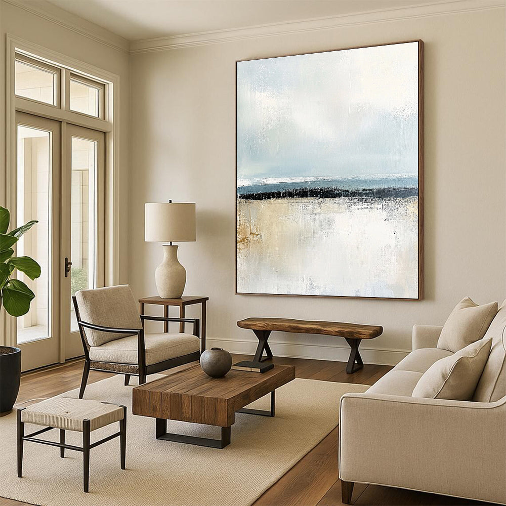 Large abstract painting with soft pastel colors and textured surface capturing serene coastal waters at dawn or dusk for emotional impact.STSC045