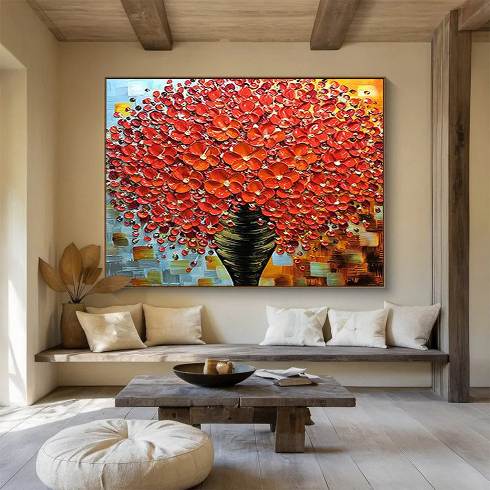 Red Flower Vase Abstract Painting with Textured Petals THY226