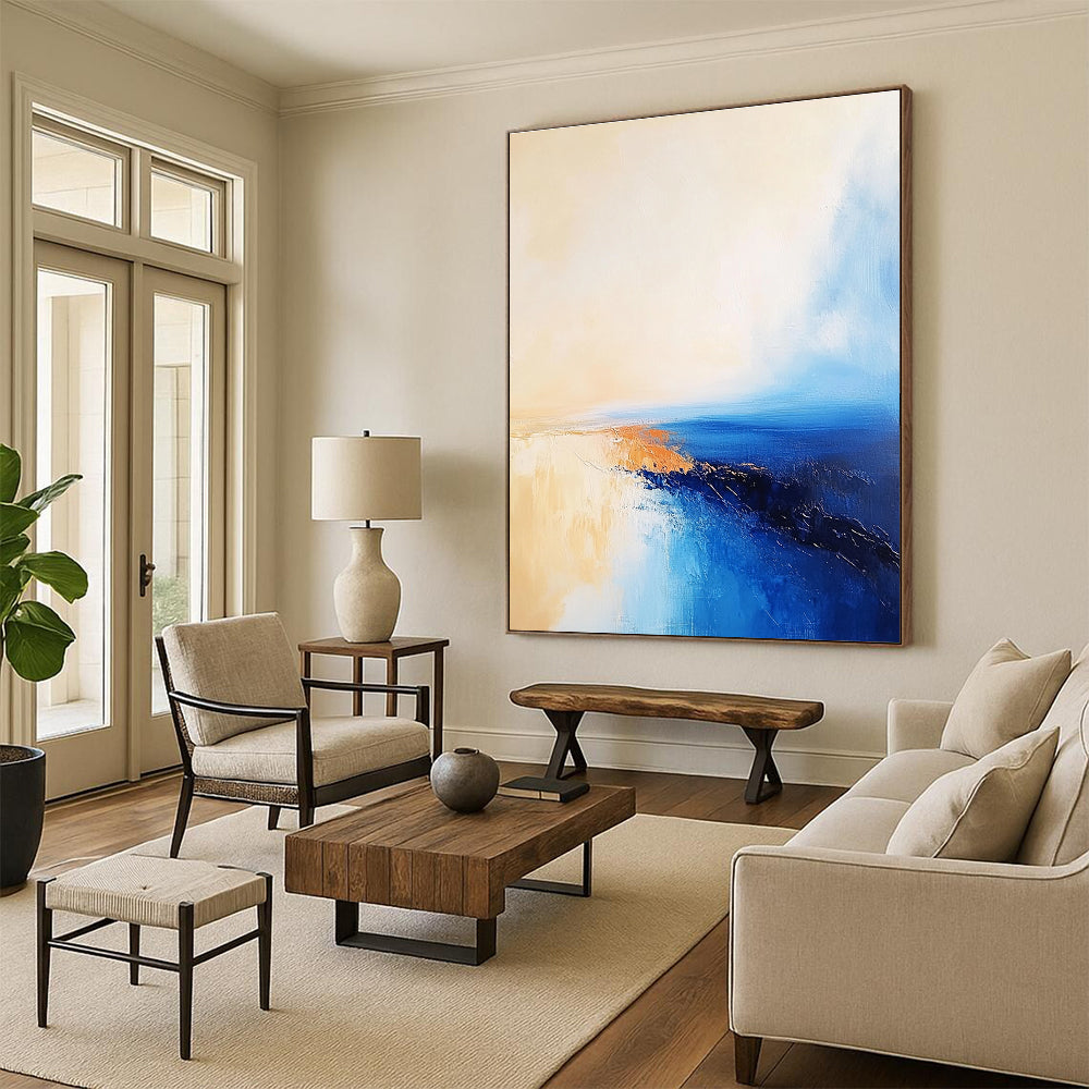 Large Abstract Oil Painting of the Sea in Blue and Beige with a Golden Sunset Horizon. Perfect for enriching any living space.STSC599