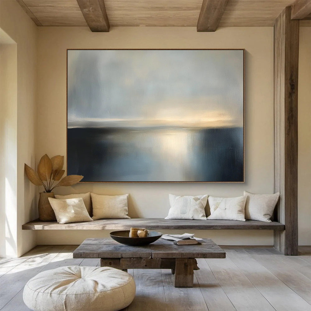 Large abstract painting featuring a tranquil dusk sky and sea in soft gray tones, evoking serene stillness with a minimalist style.SC079