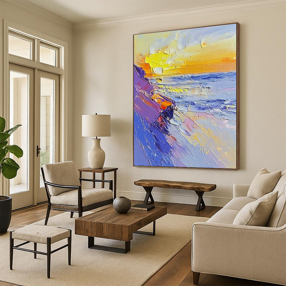 Large abstract painting featuring a sunset on the beach using a palette knife with white and pastel colors in broad strokes.STSC202