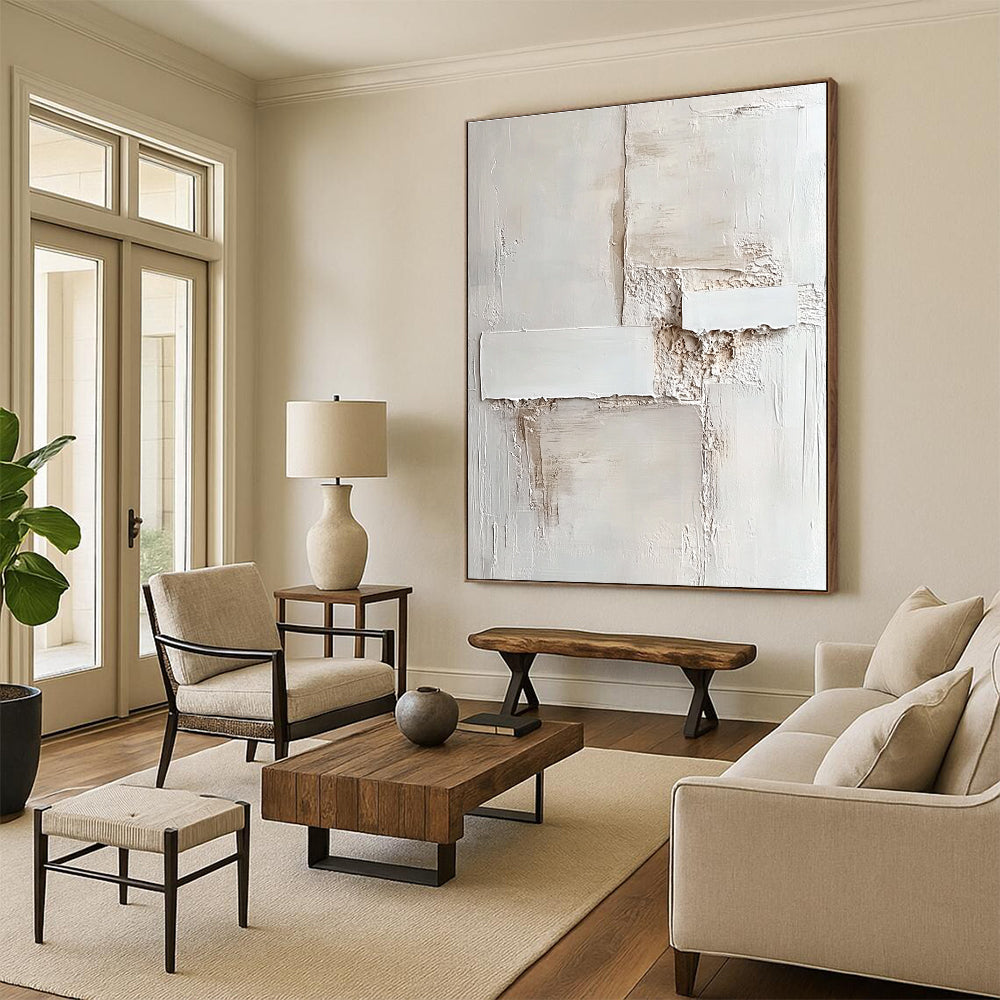 Abstract artwork featuring an off-white wall with a textured finish and subtle shades of white creating depth and visual intrigue.STSC1157