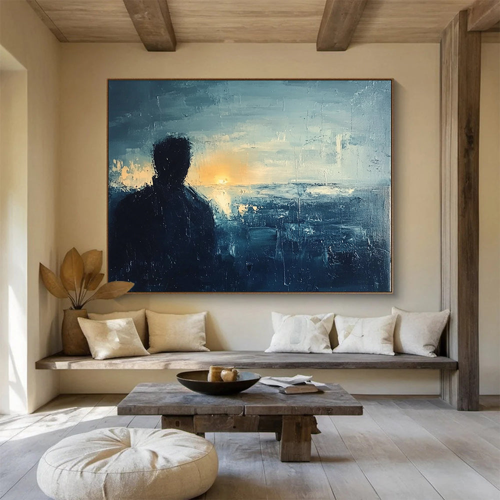 Silhouette by the Sea Abstract Painting with Dark and Light Blues DYP228