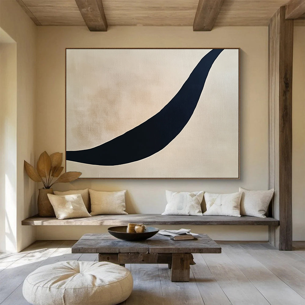 Curved Black Line on Beige Abstract Painting with Minimalist Design DYP584