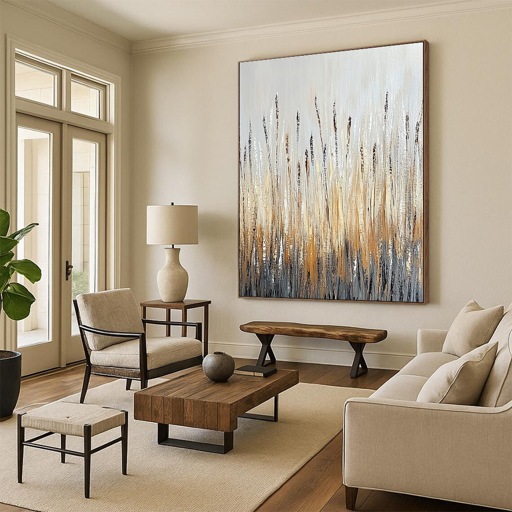 Large abstract painting of tall grass in earthy tones with textured brushstrokes and water droplets against a neutral gray background evoking nature's tranquility.STSC337