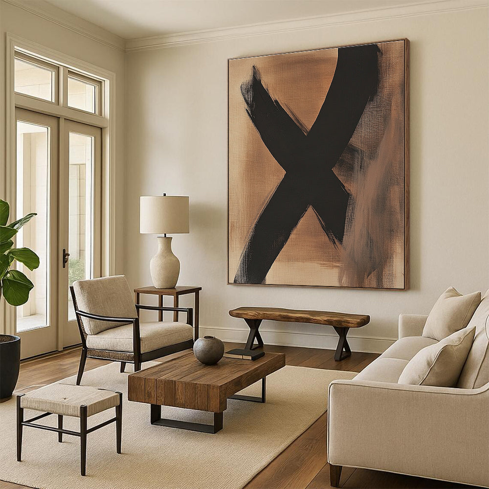 Black X on Beige Abstract Painting with Bold Brushstrokes GER017