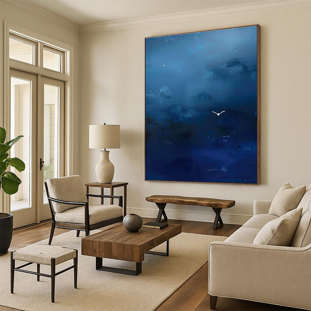 Blue Sky with White Birds Abstract Painting with Subtle Details ADGE507