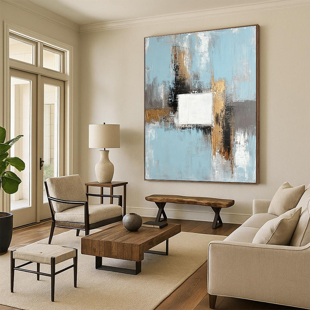Light Blue Gold and Gray Abstract Painting with Geometric Forms GER555