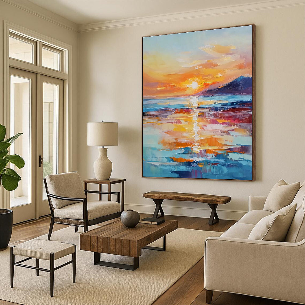 Large abstract painting of a sunset over the ocean with warm hues reflecting on the water and distant islands enhancing tranquility.STSC894