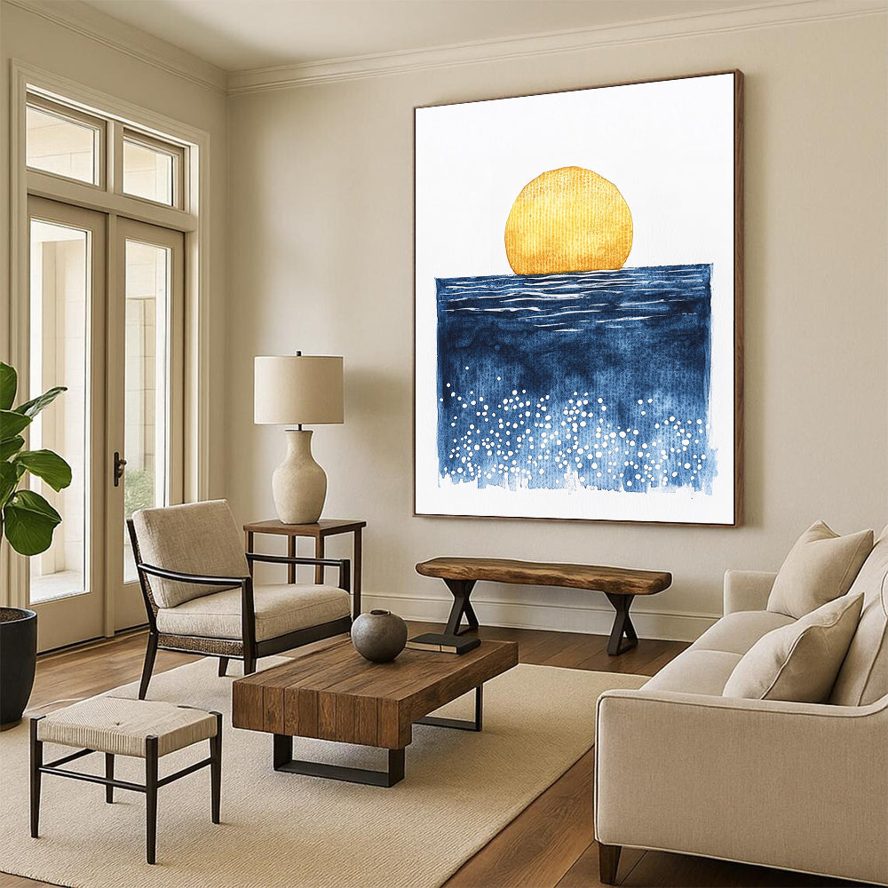 Large abstract watercolor painting of a sun rising over the ocean in minimalist style featuring blue yellow and white dots.STSC506