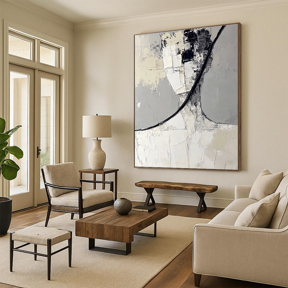 Large abstract painting in white and gray features black curved lines and layered irregular blocks creating a simple and clean composition.STSC383