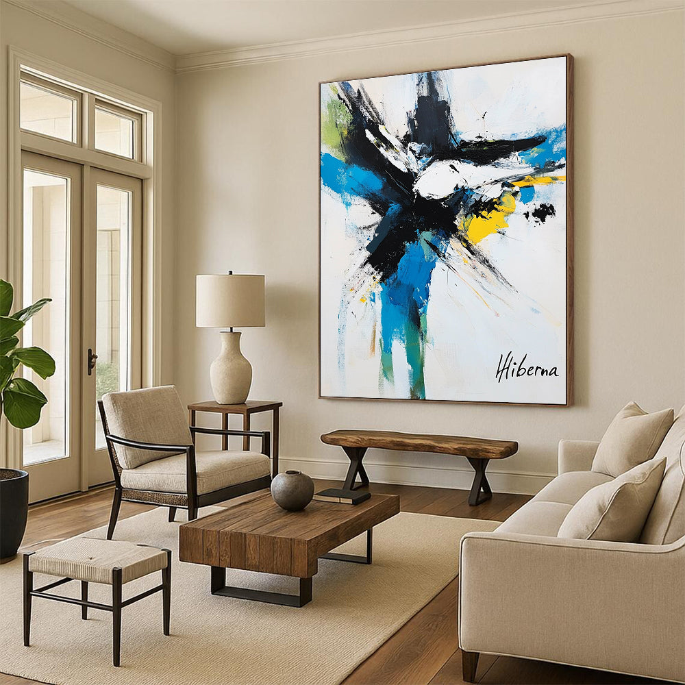 Large abstract painting featuring dynamic brush strokes in white black blue yellow and green capturing an animal in motion signed Hiberna.STSC1097