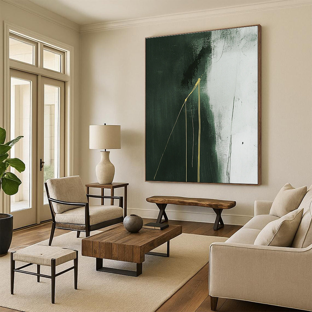 Large abstract painting with dark gray background featuring white and green hues and two growing yellow lines creating a minimalist composition.STSC1241