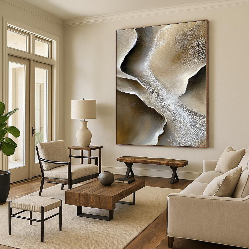 Large abstract painting capturing gray sand dunes and white salt crystals with intricate rock textures and soft lighting in a mysterious natural landscape.STSC530