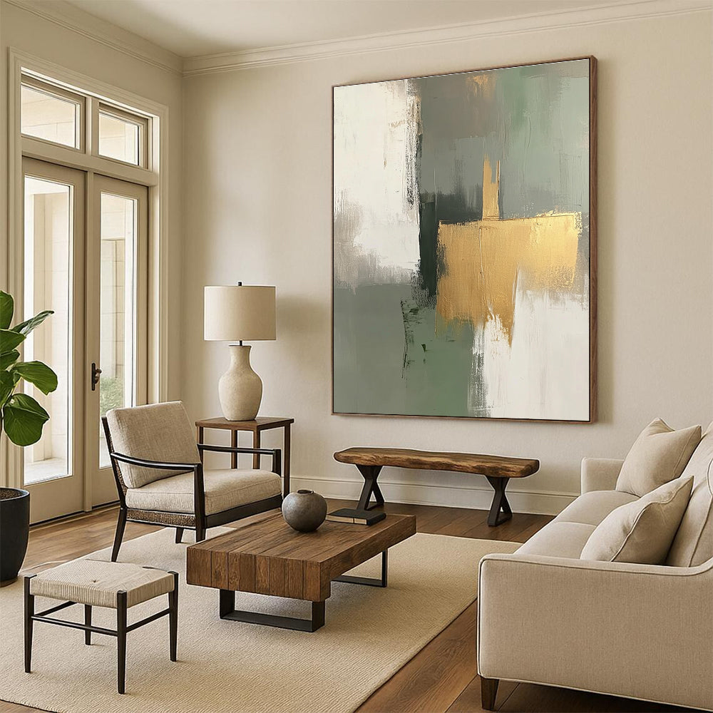 Green Gold and Gray Abstract Painting with Minimalist Geometry GER558