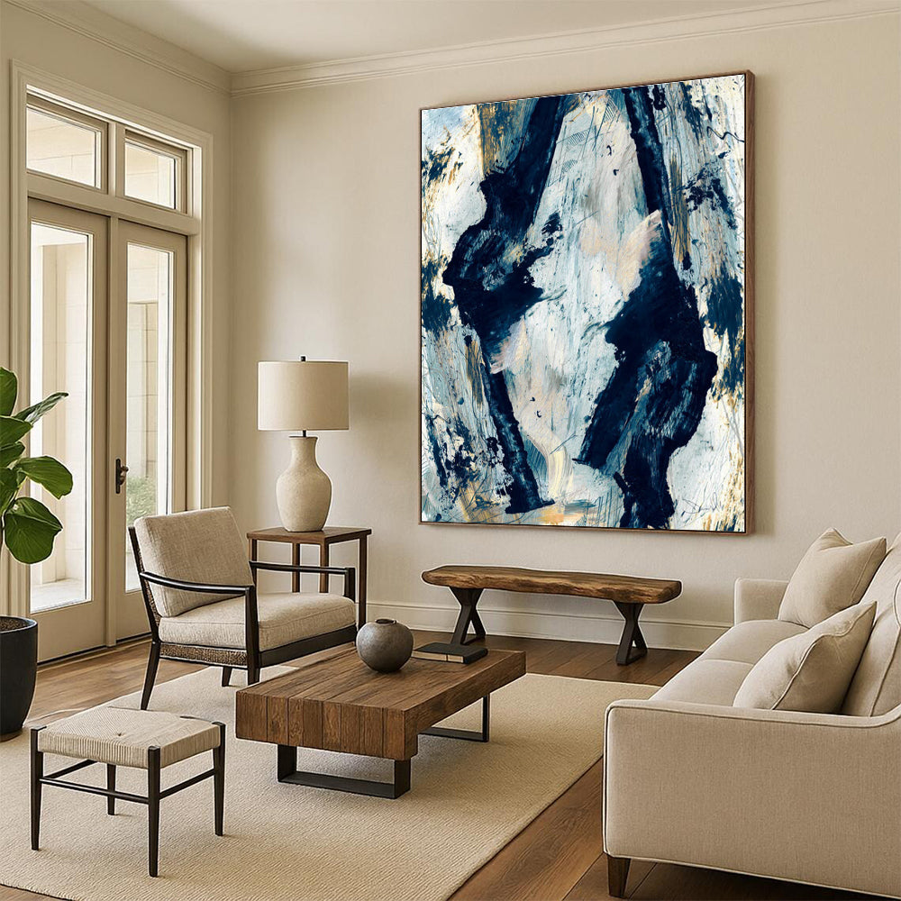 Blue Gold Abstract Strokes Painting ADGE244