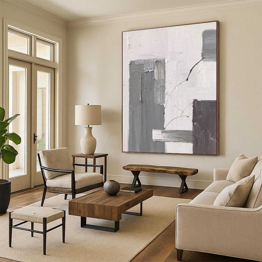 Gray and White Textured Abstract Painting with Subtle Shapes ADGE396