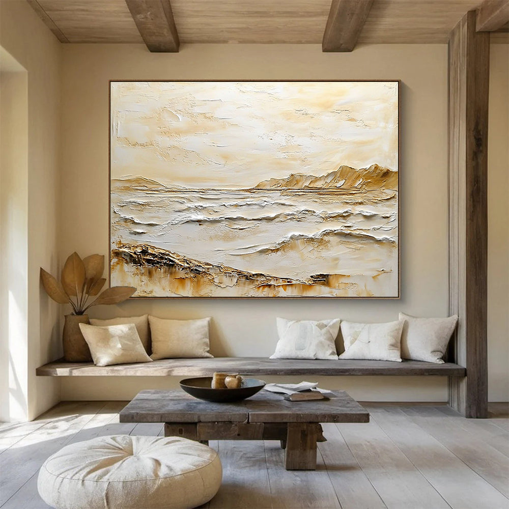Textured Coastal Landscape Abstract Painting with Beige and White Impasto DYP618