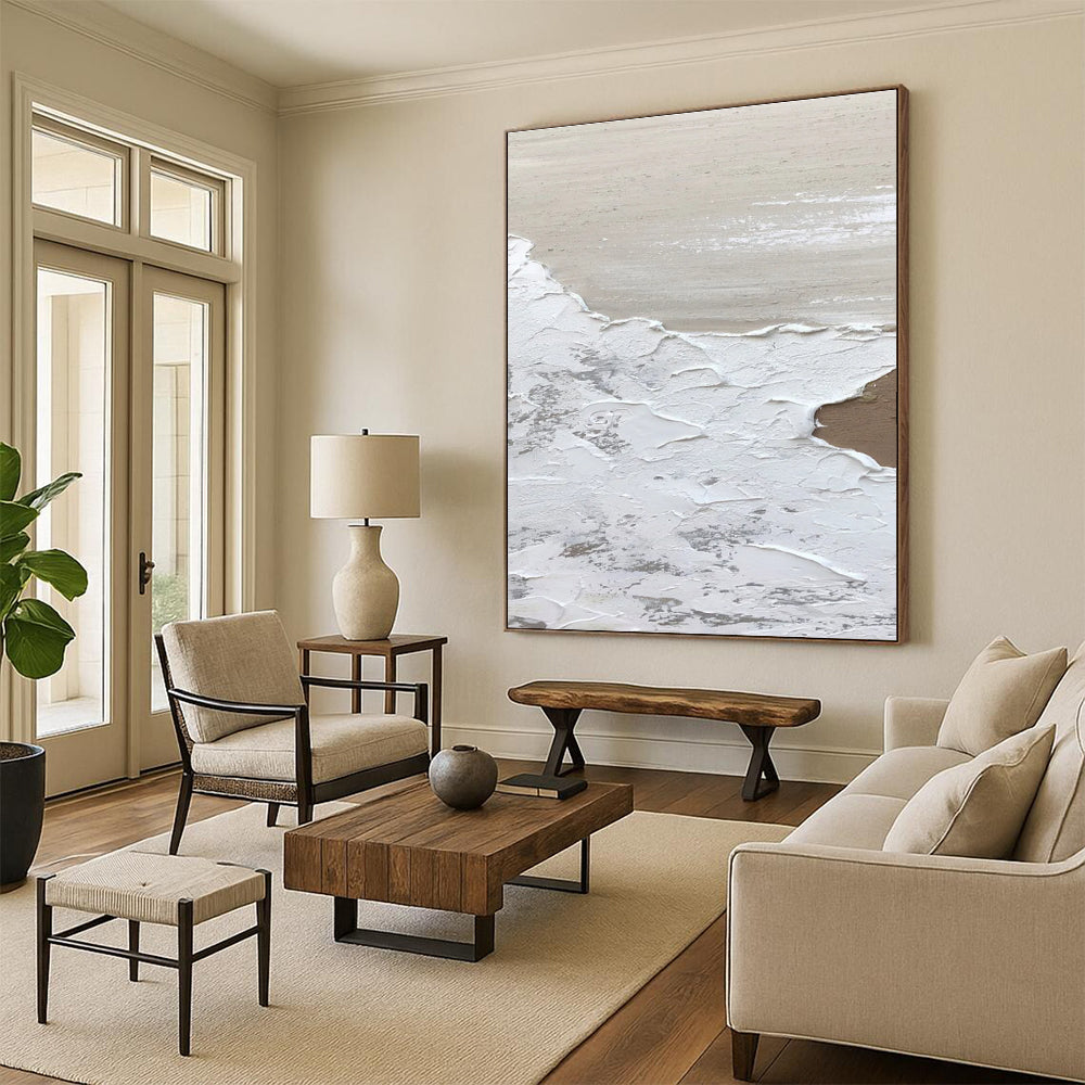 Beige and White Textured Abstract Painting with Layered Effects ADGE374