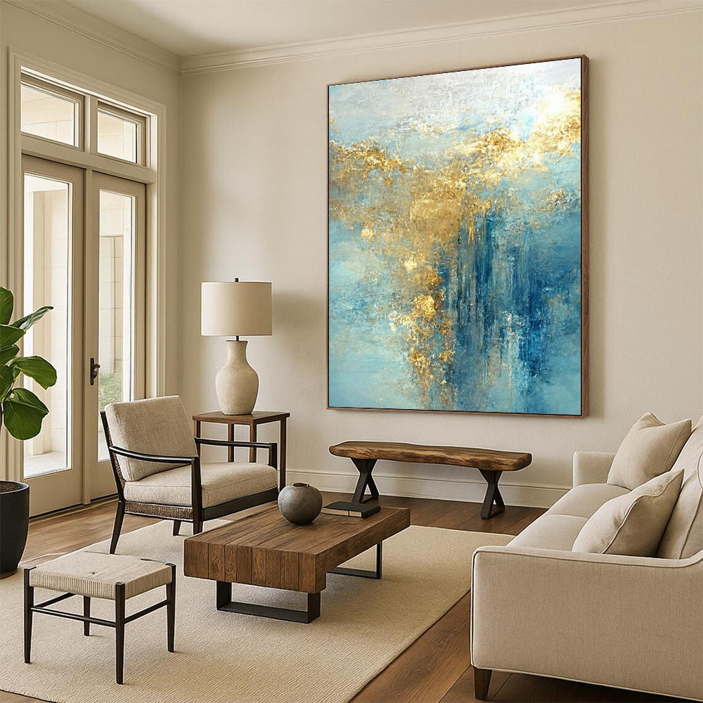 Light Blue Abstract Painting with Cascading Gold Accents ADGE063
