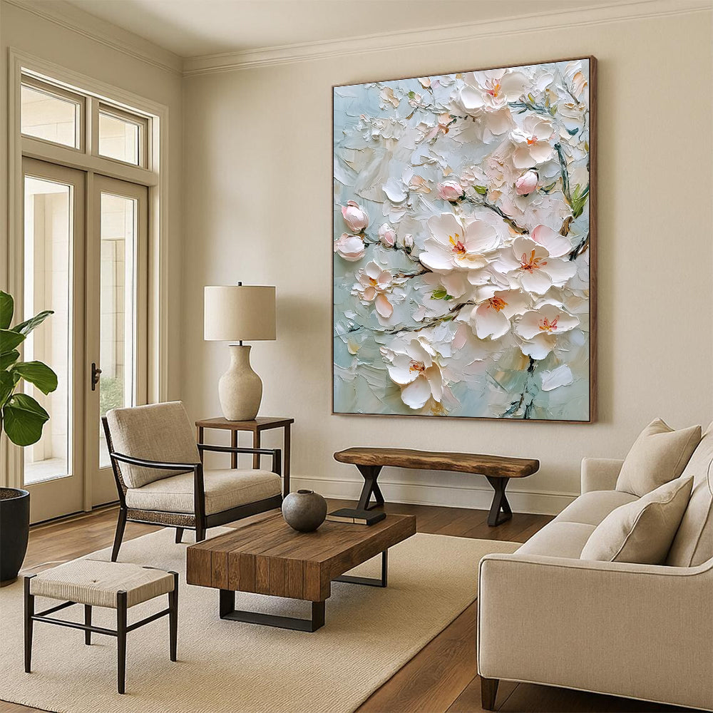 Large abstract painting of cherry blossoms in soft colors with intricate details and textural elements on a light gray background.STSC1364