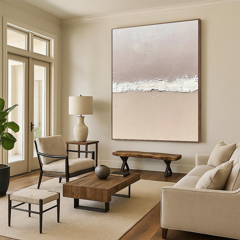 Beige and White Textured Abstract Painting with Horizontal Divide GER067