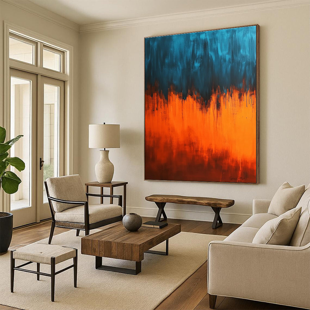 Large abstract painting featuring an orange and blue gradient background with strong light and dark contrasts creating a mysterious ethereal atmosphere.STSC385